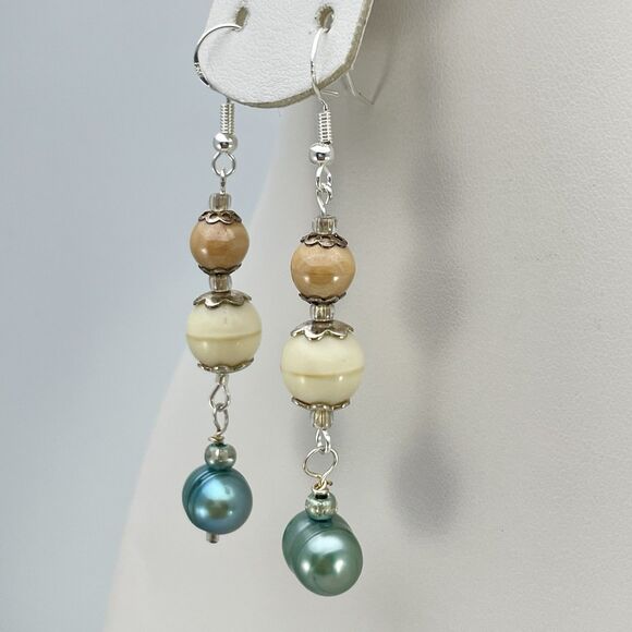 Earrings Sterling Silver Plated Jasper Stone Freshwater Pearl Beaded Dangle Boho - Picture 3 of 6